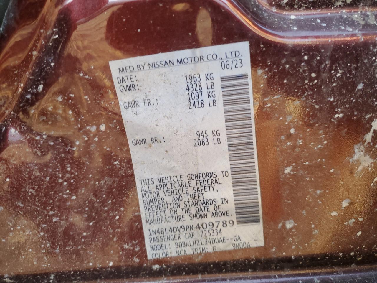 2023 Nissan Altima Sv VIN: 1N4BL4DV9PN409789 Lot: 68640384