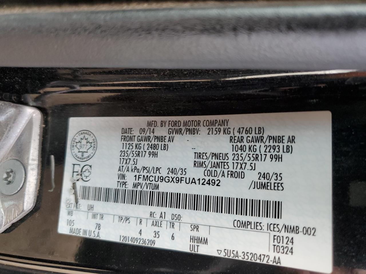 2015 Ford Escape Se VIN: 1FMCU9GX9FUA12492 Lot: 68560654