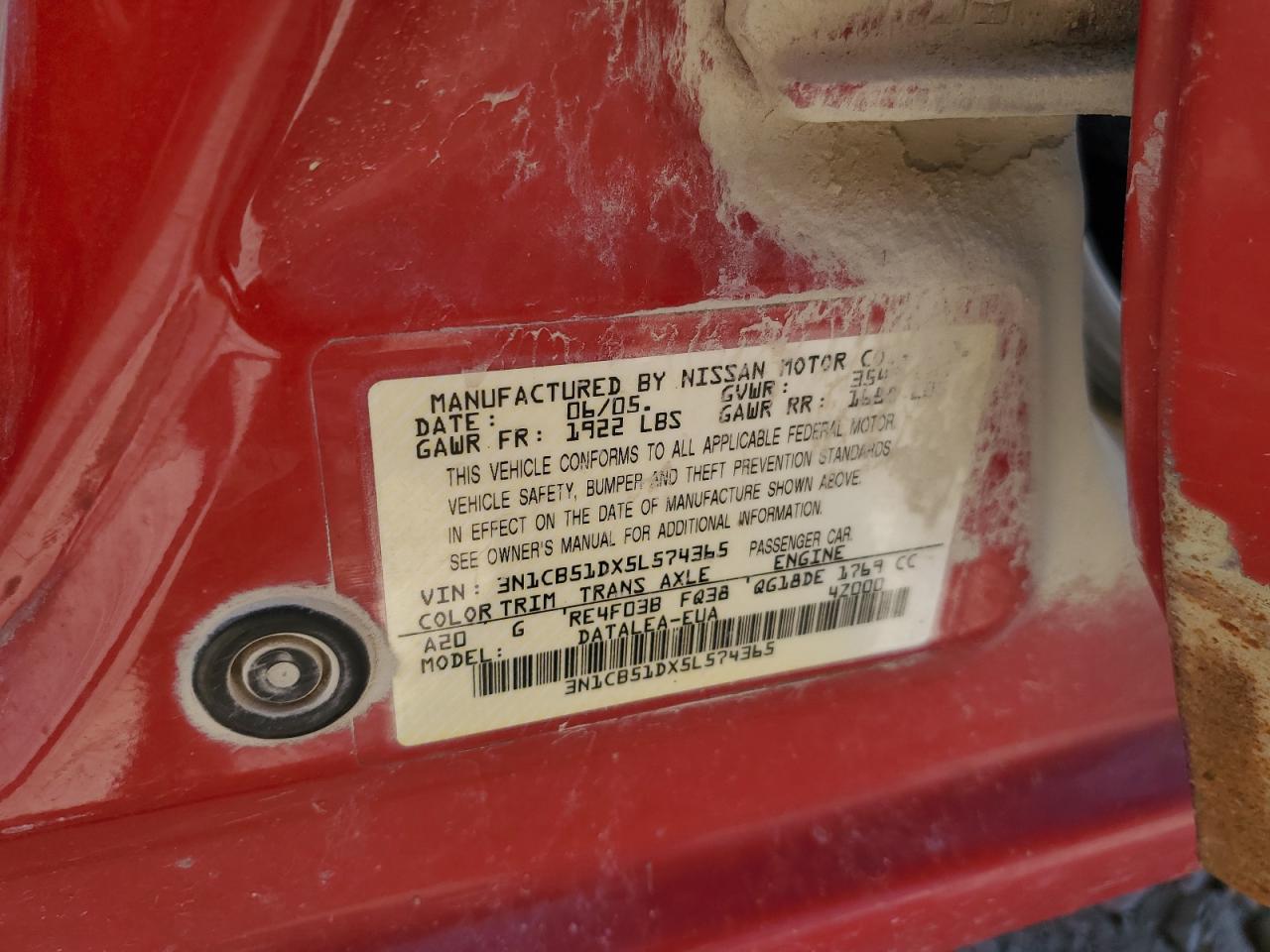 2005 Nissan Sentra 1.8 VIN: 3N1CB51DX5L574365 Lot: 80804985