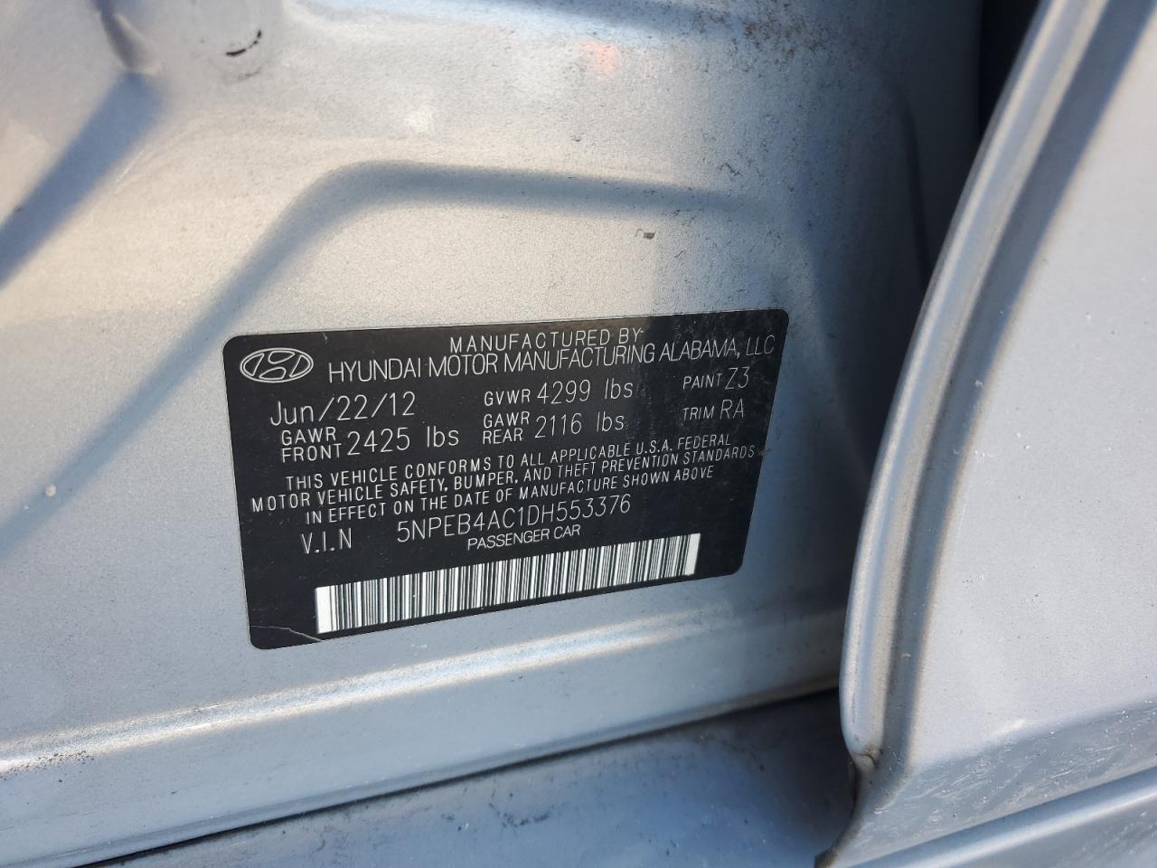 2013 Hyundai Sonata Gls VIN: 5NPEB4AC1DH553376 Lot: 66380434