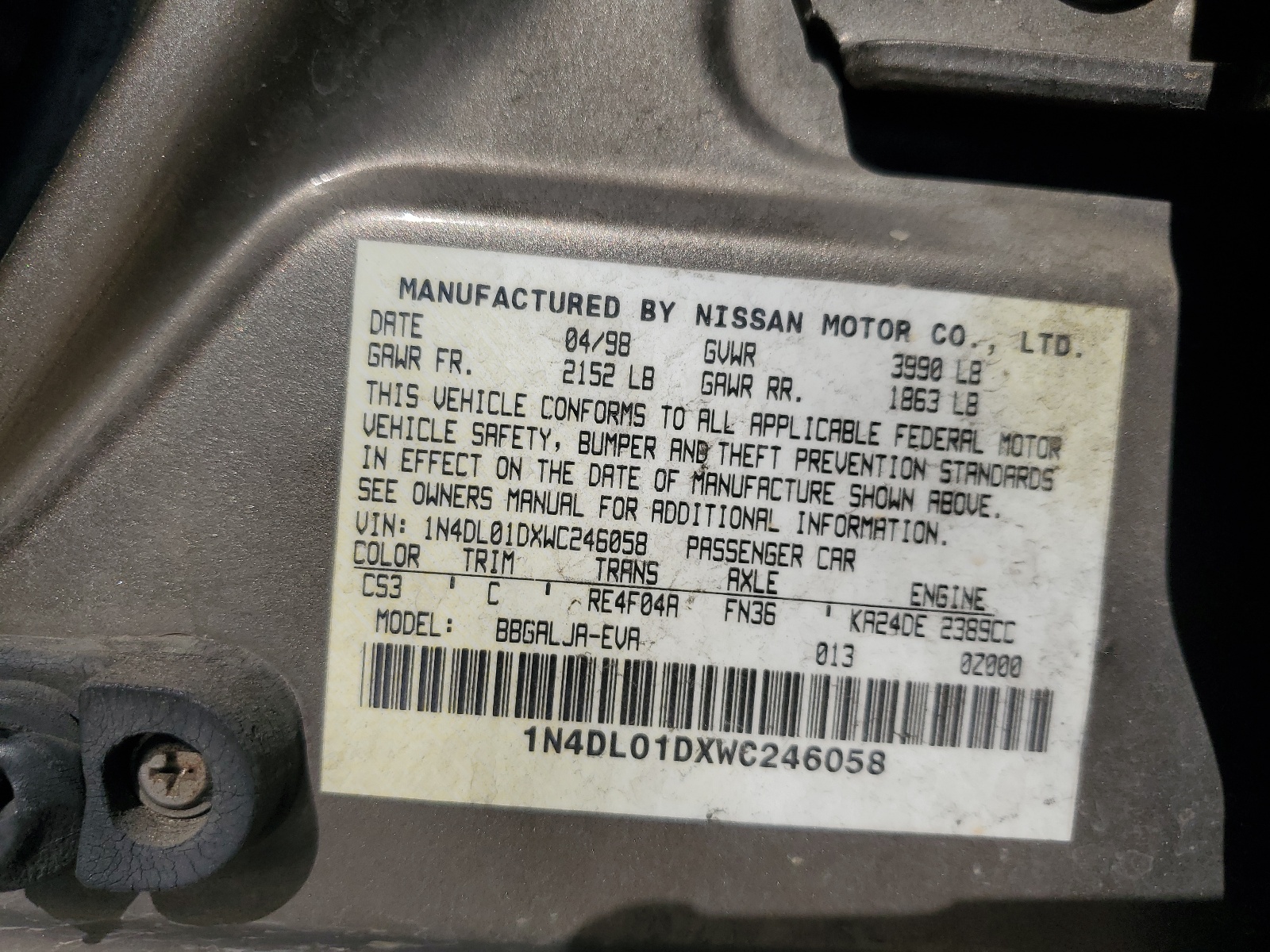 1N4DL01DXWC246058 1998 Nissan Altima Xe