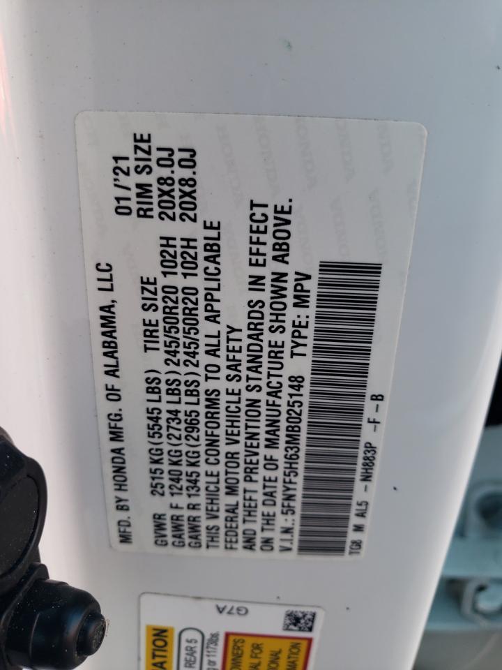 2021 Honda Pilot Touring VIN: 5FNYF5H63MB025148 Lot: 68143384