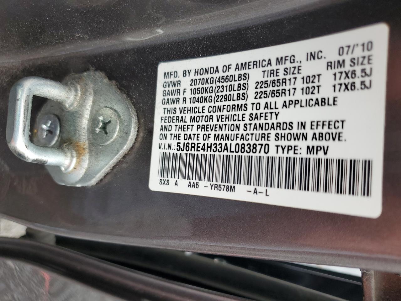 2010 Honda Cr-V Lx VIN: 5J6RE4H33AL083870 Lot: 66347814