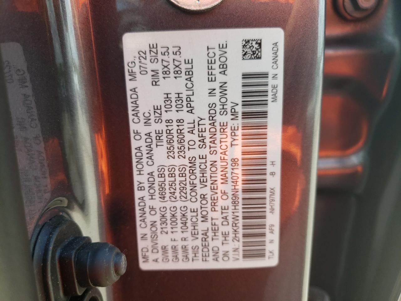 2022 Honda Cr-V Exl VIN: 2HKRW1H89NH407198 Lot: 67407104