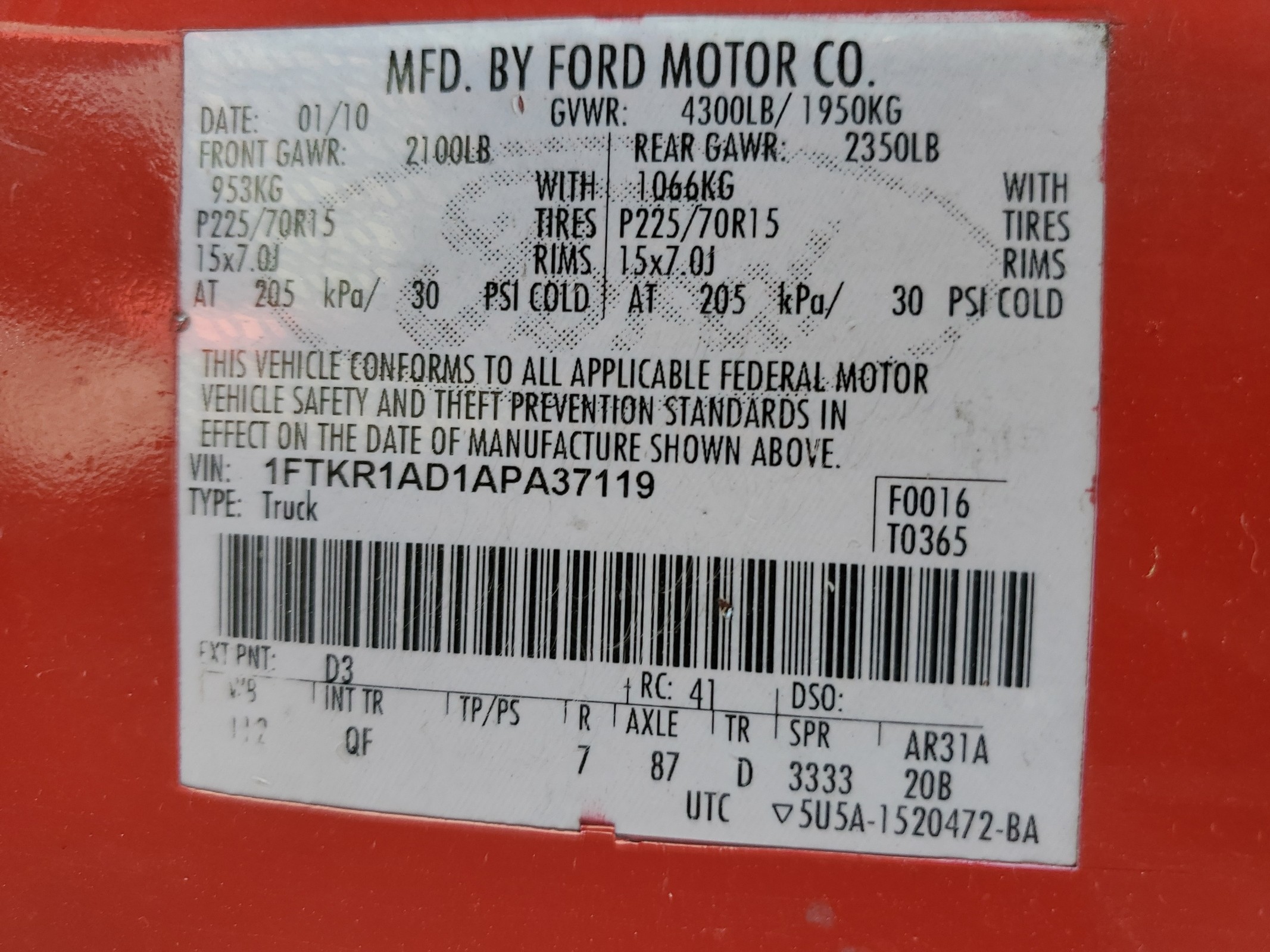1FTKR1AD1APA37119 2010 Ford Ranger