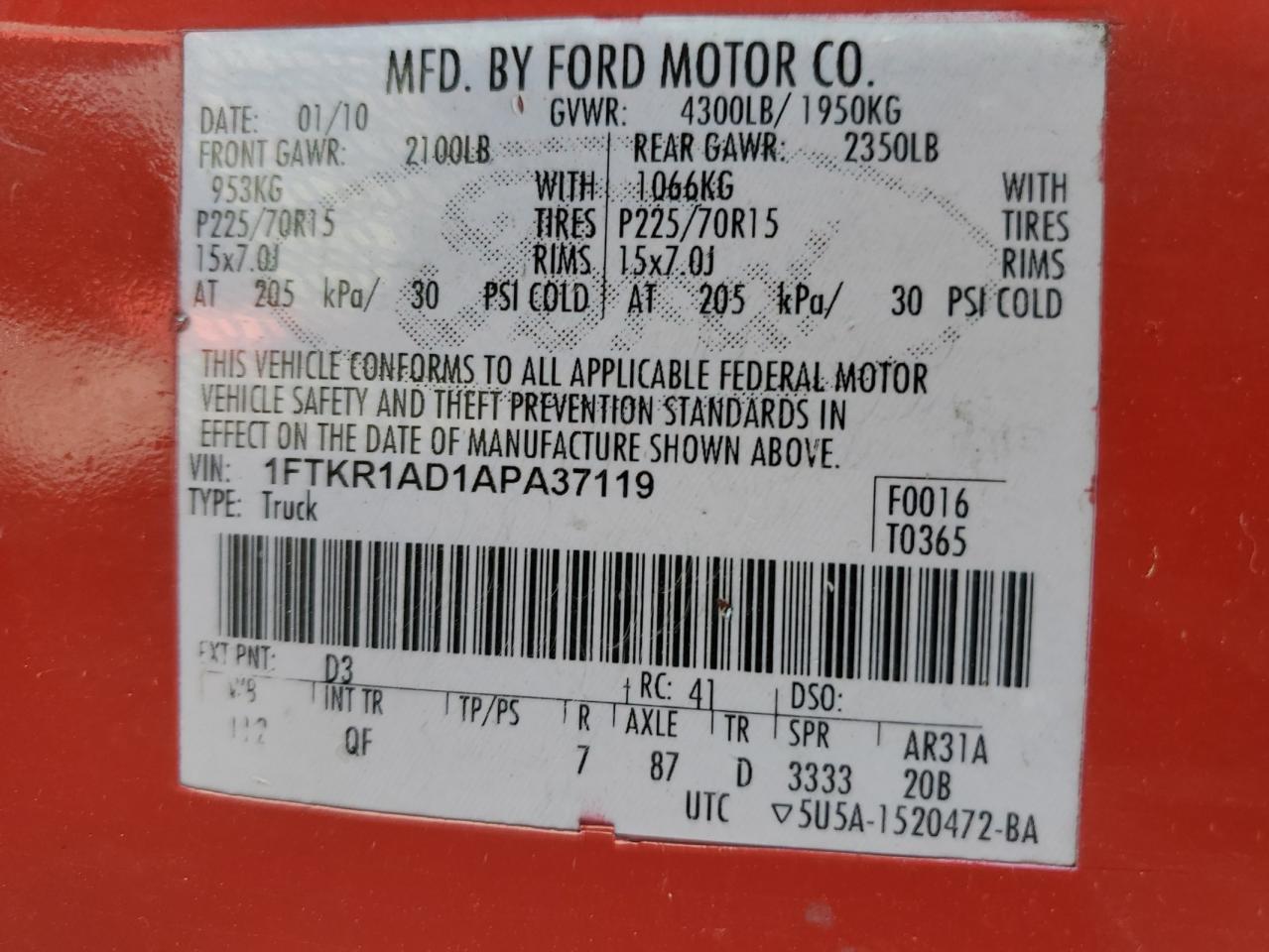 2010 Ford Ranger VIN: 1FTKR1AD1APA37119 Lot: 68214454