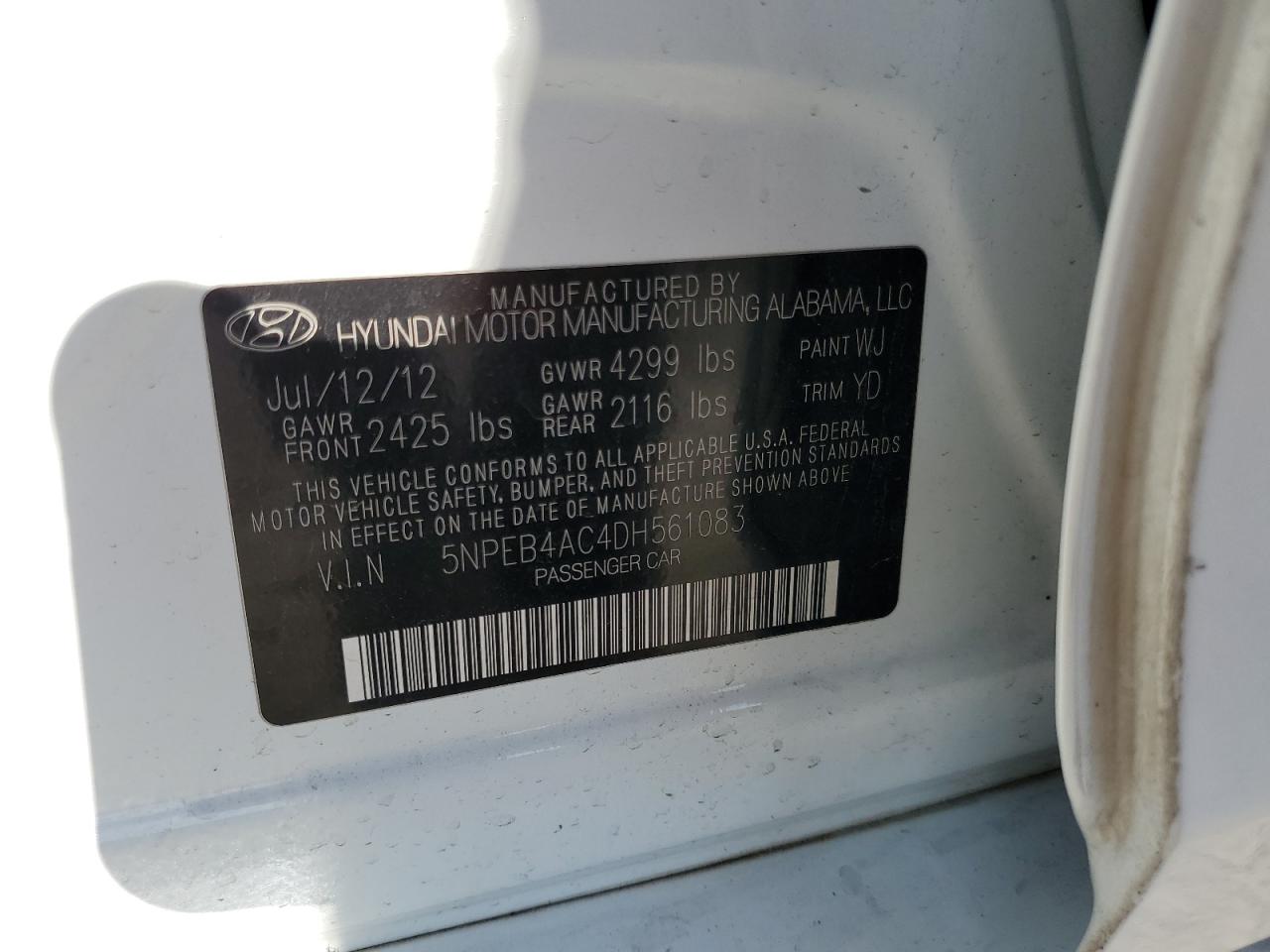 2013 Hyundai Sonata Gls VIN: 5NPEB4AC4DH561083 Lot: 65927454