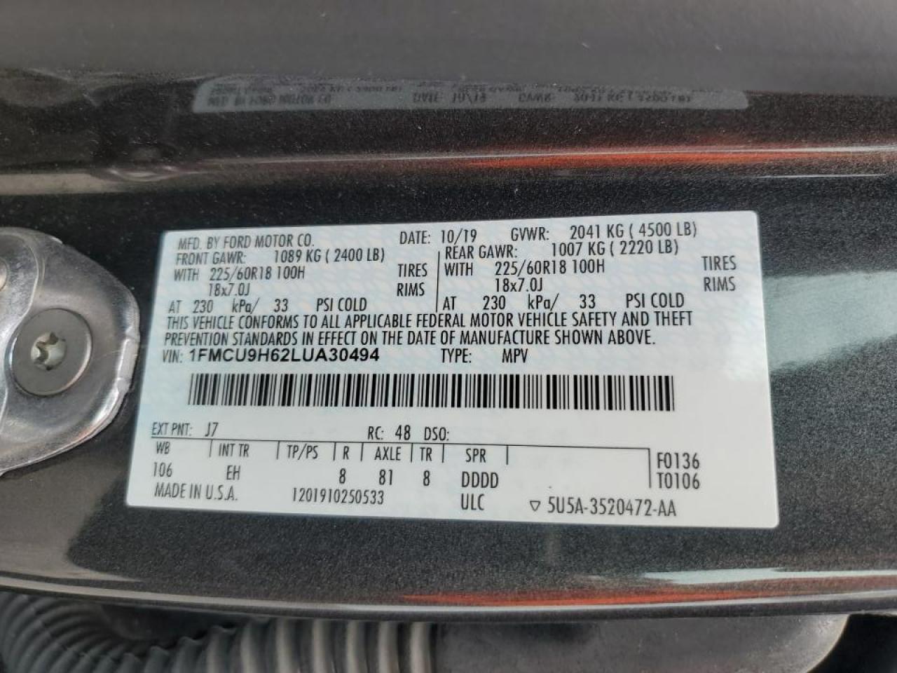 2020 Ford Escape Sel VIN: 1FMCU9H62LUA30494 Lot: 65805814