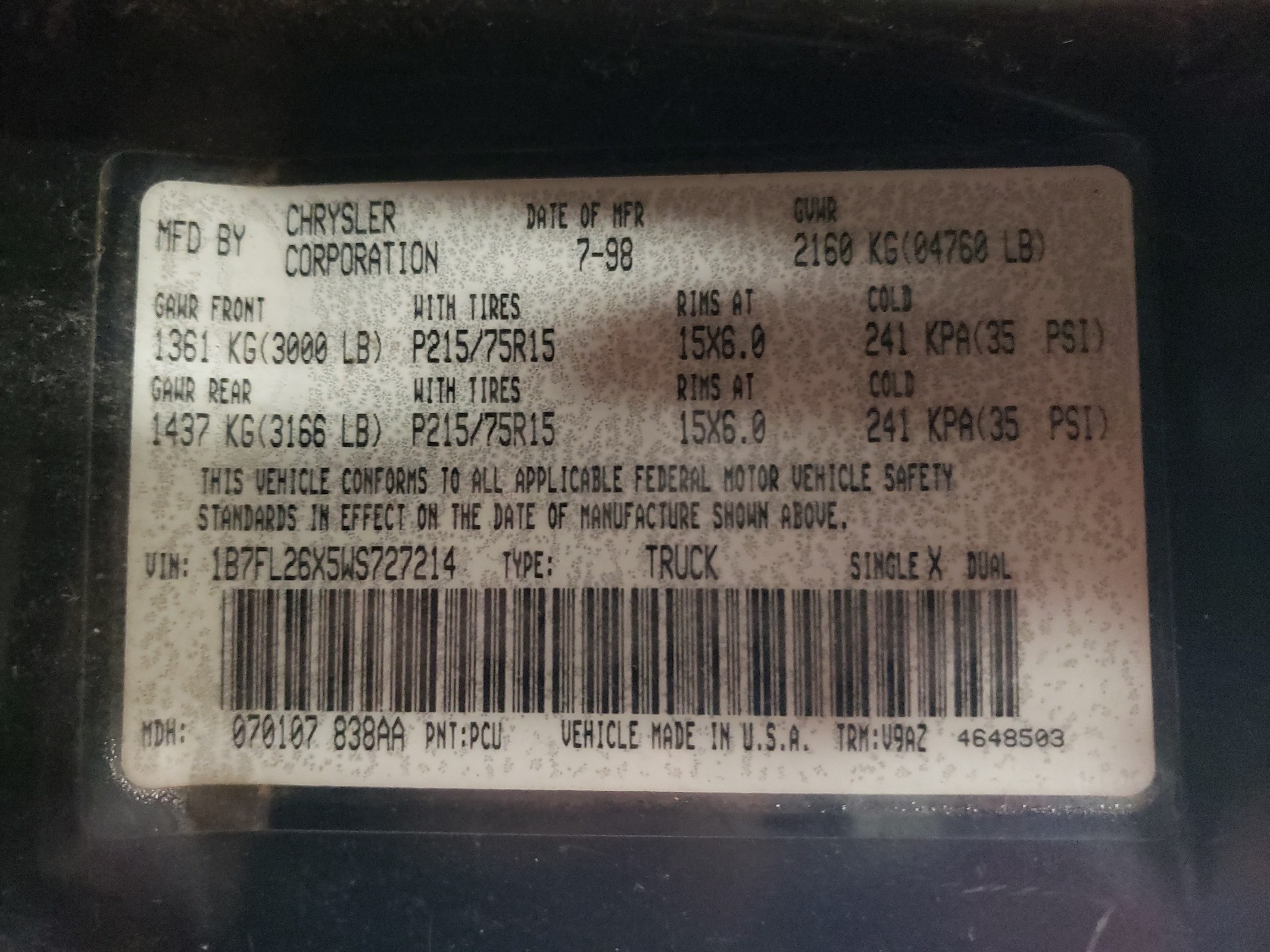 1B7FL26X5WS727214 1998 Dodge Dakota