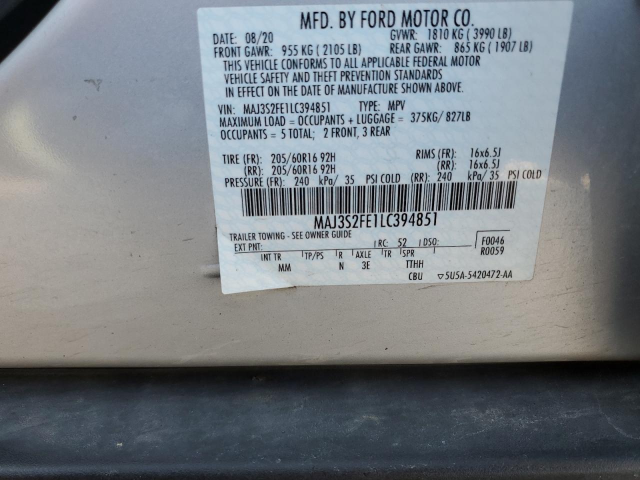 2020 Ford Ecosport S VIN: MAJ3S2FE1LC394851 Lot: 66475154