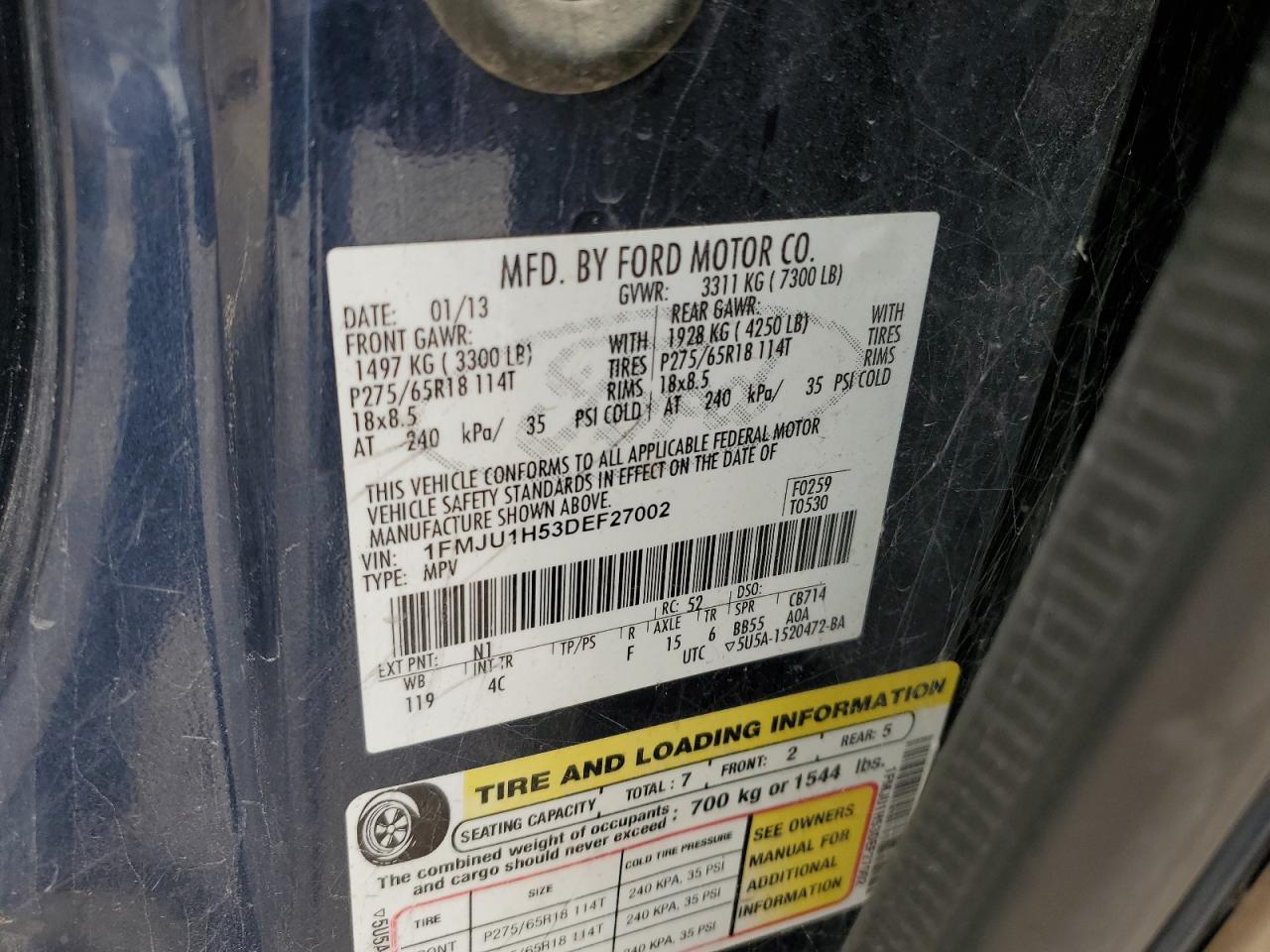 2013 Ford Expedition Xlt VIN: 1FMJU1H53DEF27002 Lot: 67038704