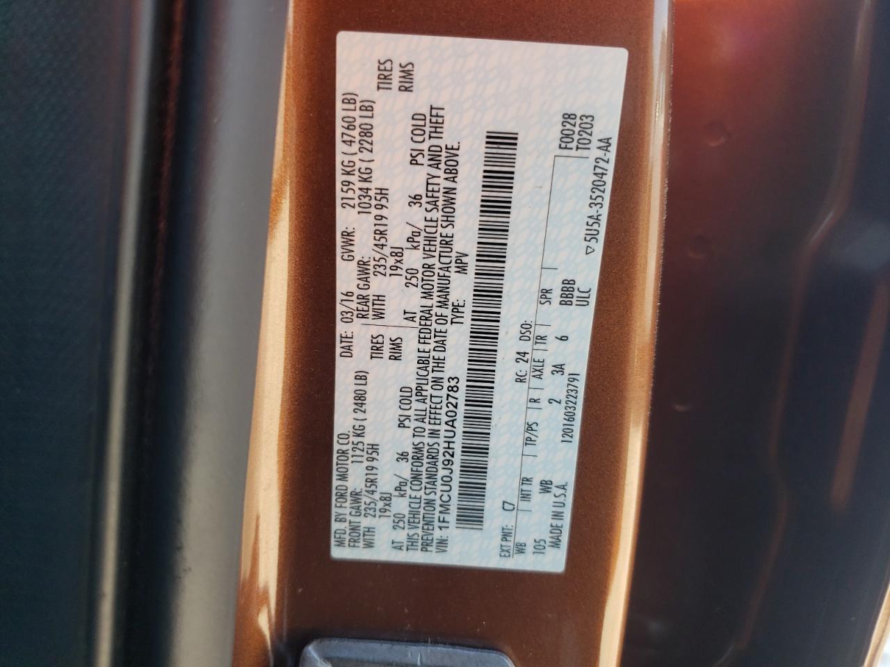 2017 Ford Escape Titanium VIN: 1FMCU0J92HUA02783 Lot: 67170294