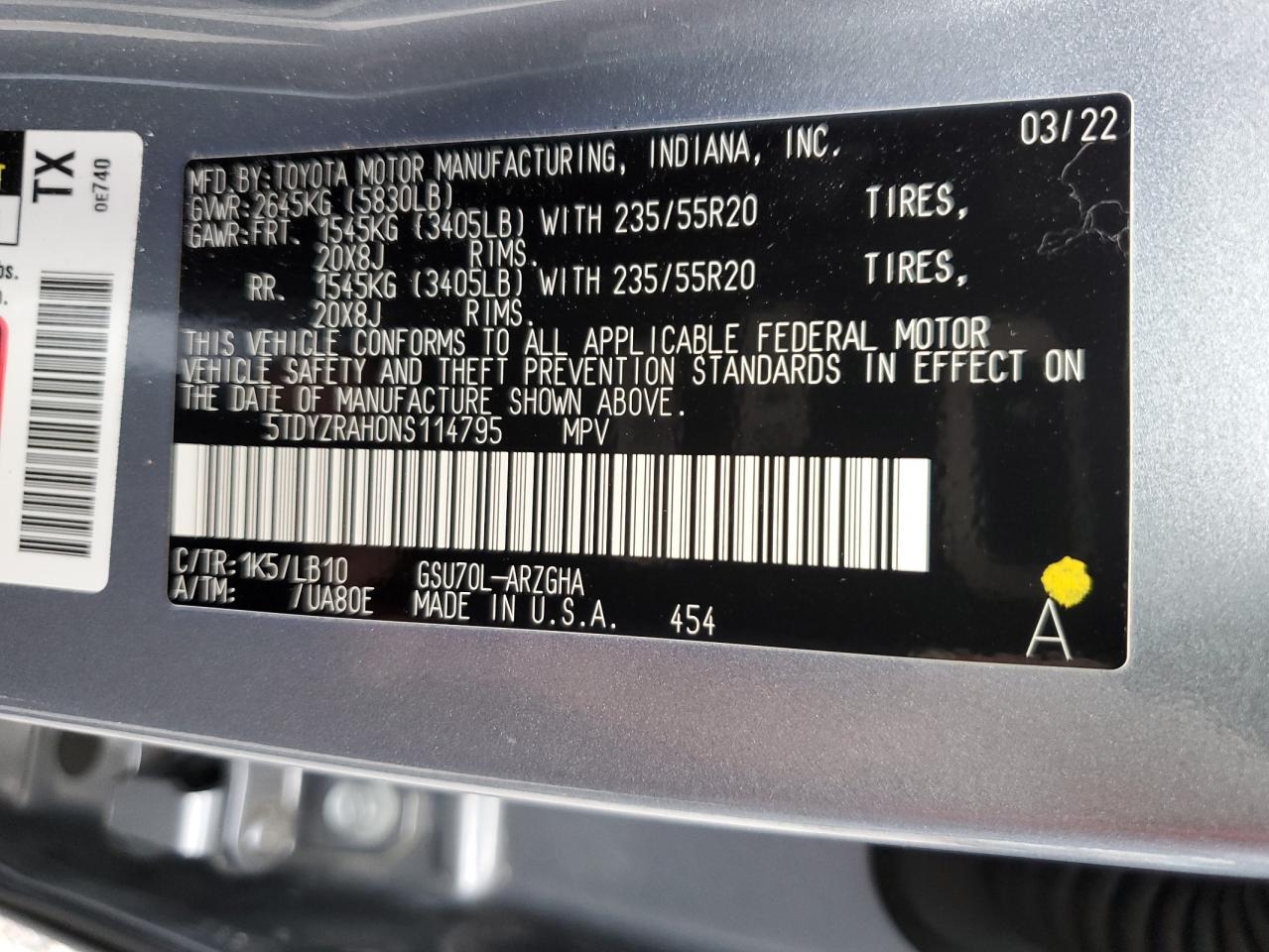 2022 Toyota Highlander Limited VIN: 5TDYZRAH0NS114795 Lot: 65897244