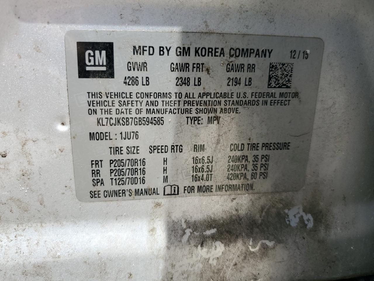 2016 Chevrolet Trax Ls VIN: KL7CJKSB7GB594585 Lot: 66613084