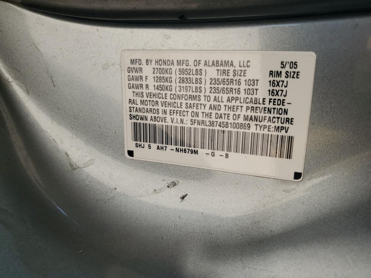 5FNRL38745B100869 2005 Honda Odyssey Exl