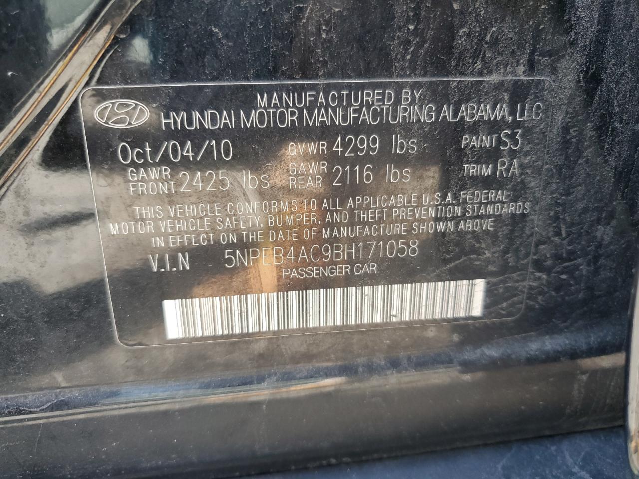 5NPEB4AC9BH171058 2011 Hyundai Sonata Gls