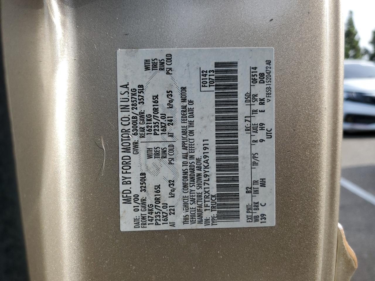 2000 Ford F150 VIN: 1FTRX17L9YKA91911 Lot: 65749284