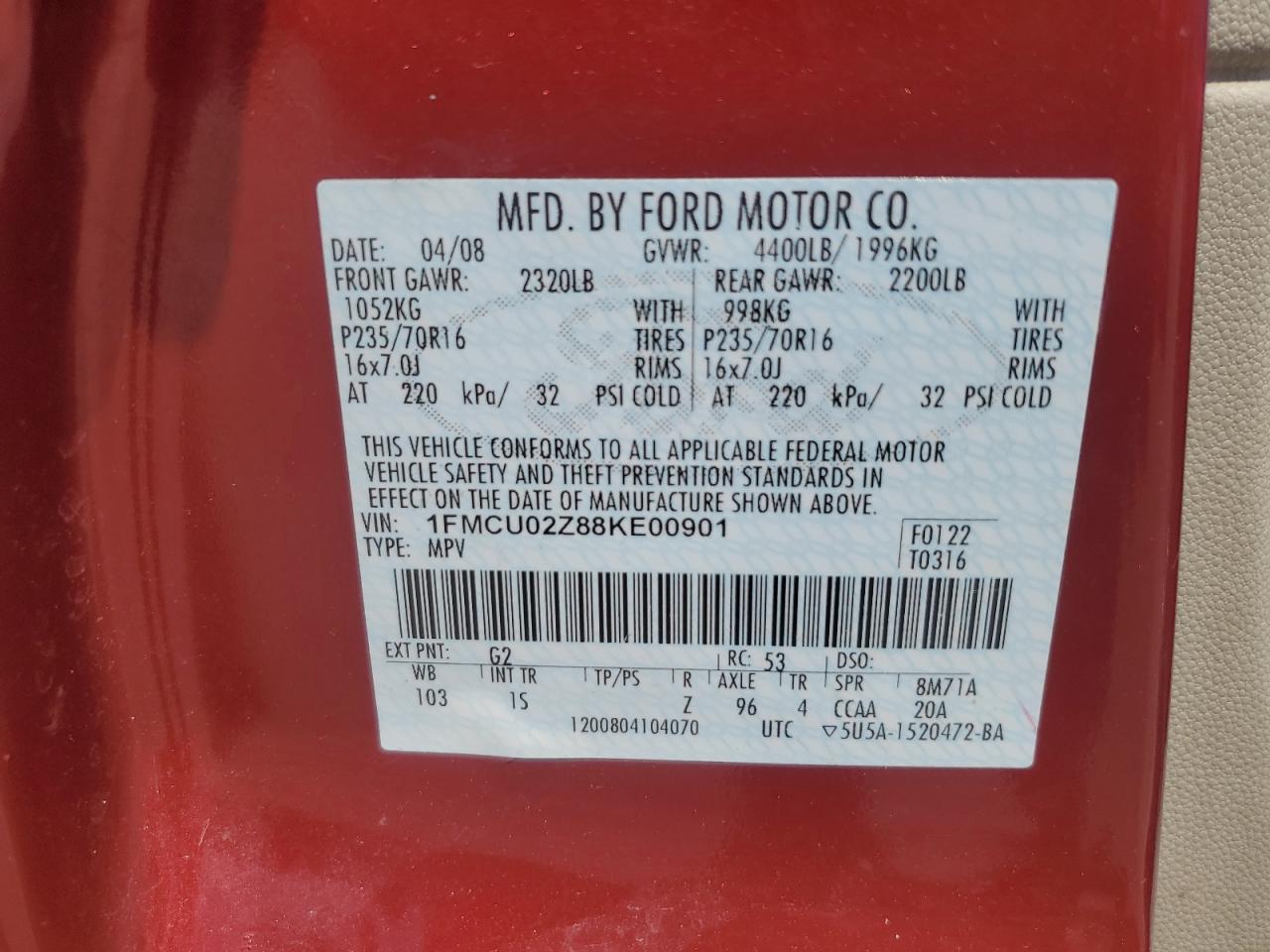 2008 Ford Escape Xls VIN: 1FMCU02Z88KE00901 Lot: 68536034