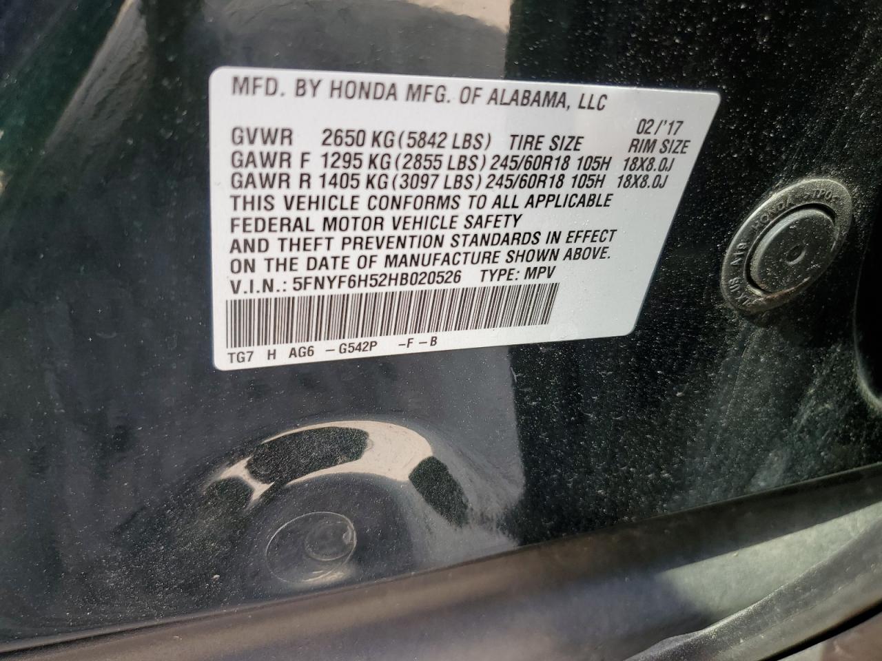 5FNYF6H52HB020526 2017 Honda Pilot Exl