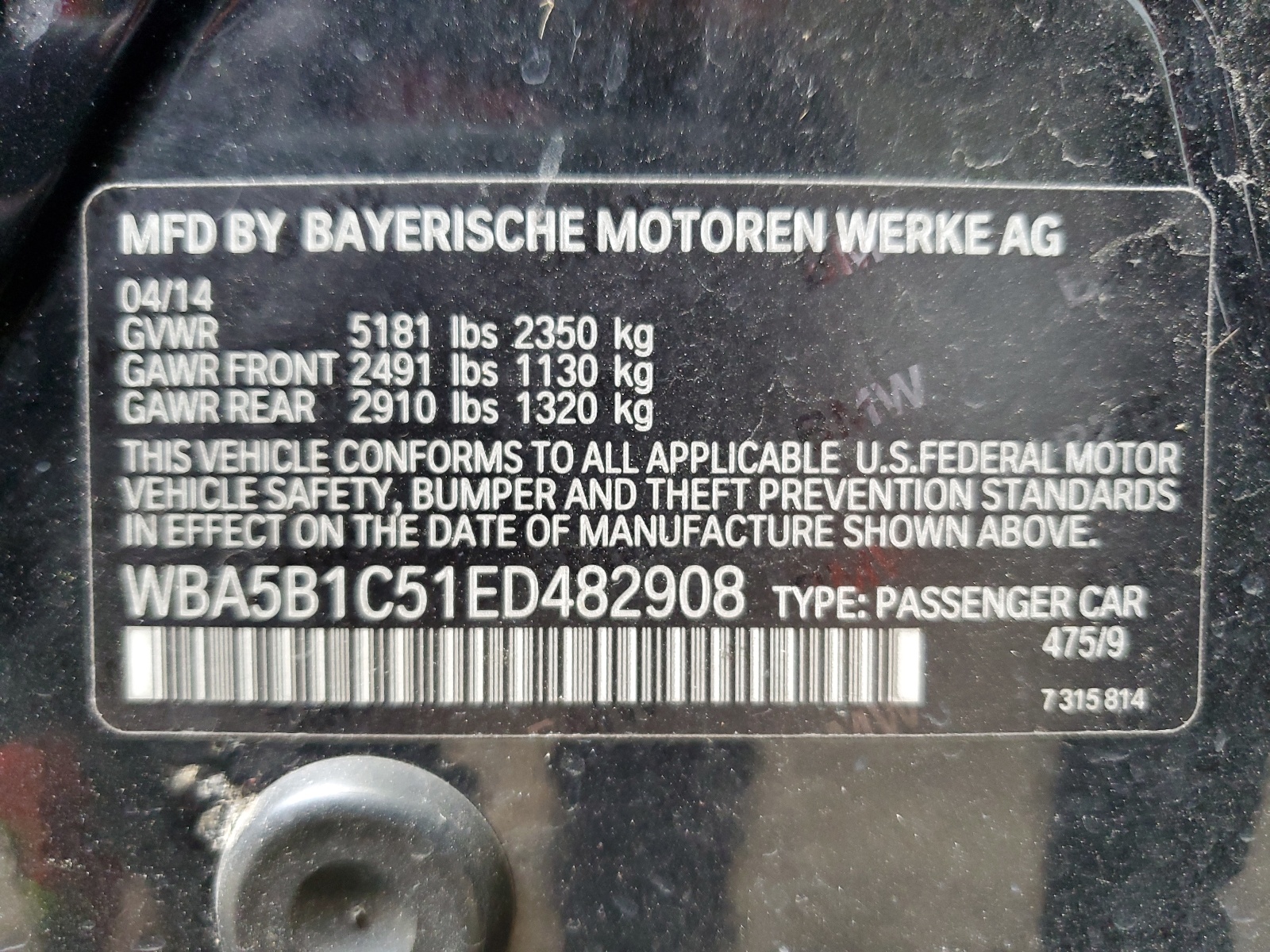 WBA5B1C51ED482908 2014 BMW 535 I