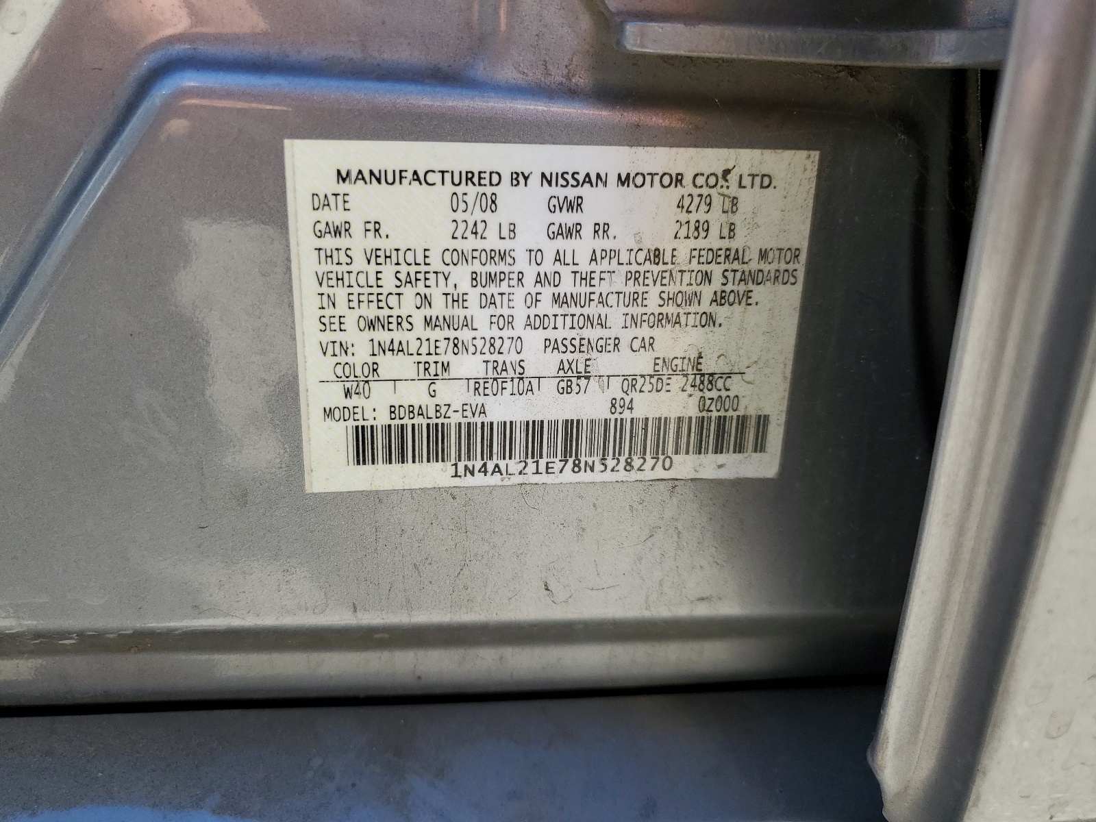 1N4AL21E78N528270 2008 Nissan Altima 2.5
