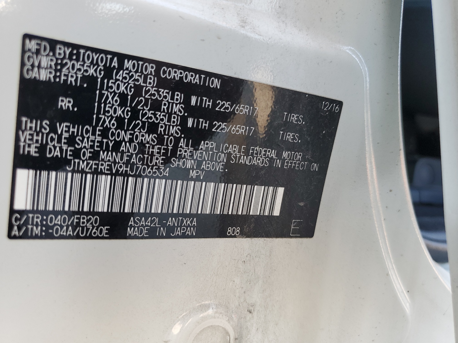 JTMZFREV9HJ706534 2017 Toyota Rav4 Le