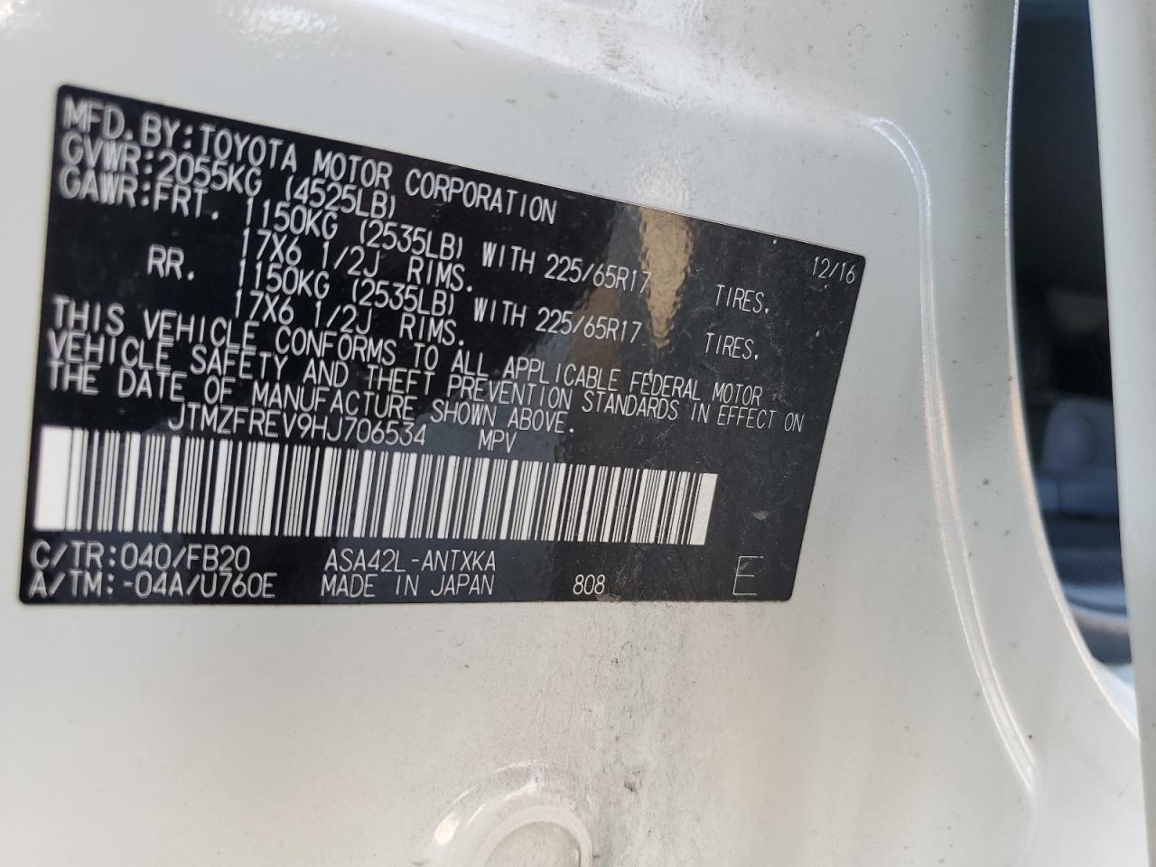 2017 Toyota Rav4 Le VIN: JTMZFREV9HJ706534 Lot: 66085854