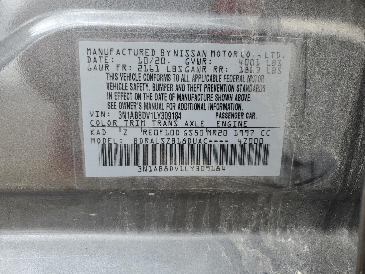 3N1AB8DV1LY309184 2020 Nissan Sentra Sr