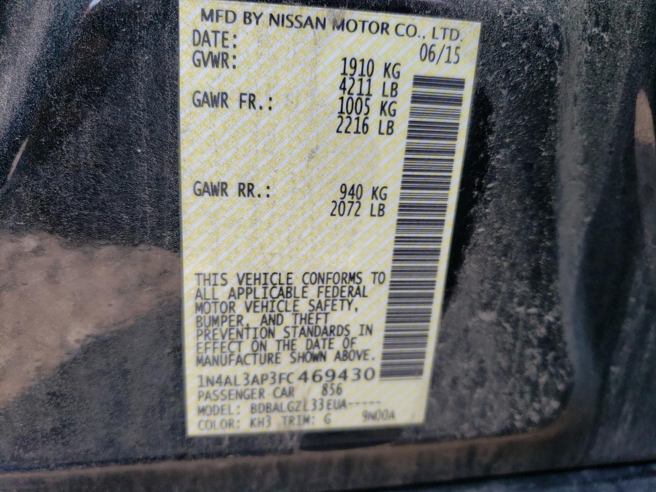 2015 Nissan Altima 2.5 VIN: 1N4AL3AP3FC469430 Lot: 66701464