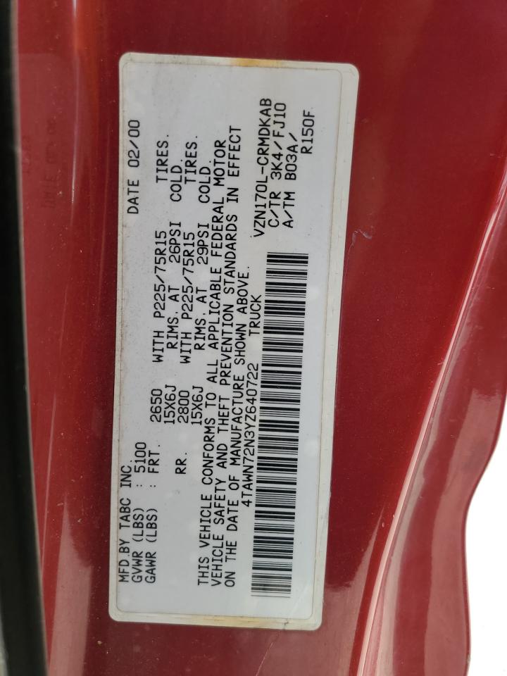 2000 Toyota Tacoma Xtracab VIN: 4TAWN72N3YZ640722 Lot: 65474674