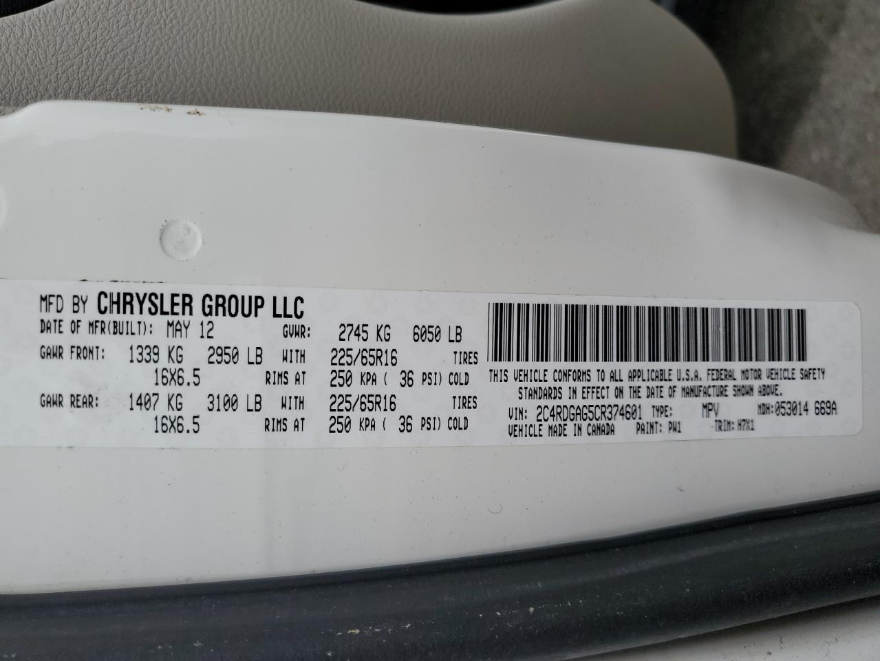 2012 Dodge Ram Van VIN: 2C4RDGAG5CR374601 Lot: 66145334