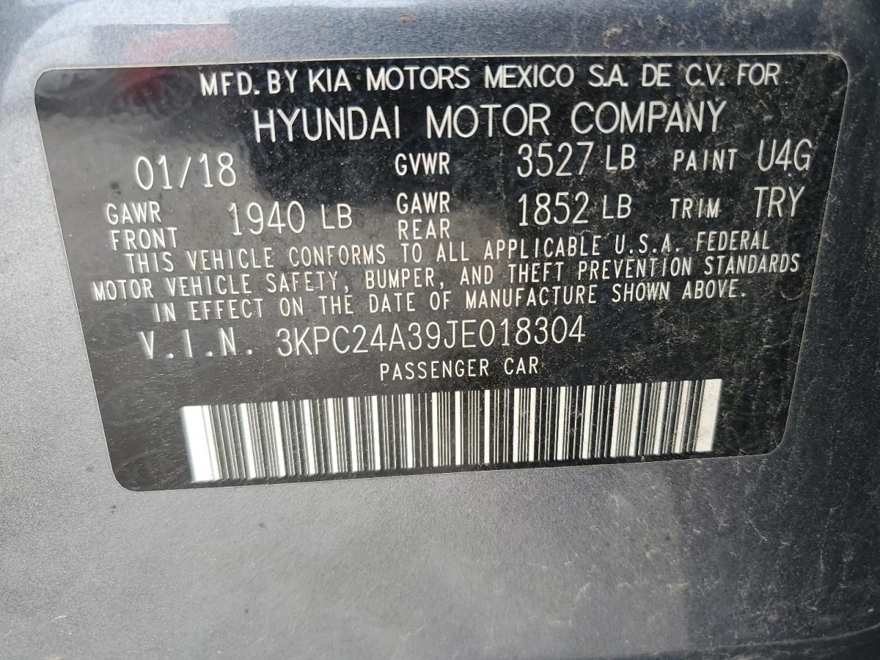 3KPC24A39JE018304 2018 Hyundai Accent Se