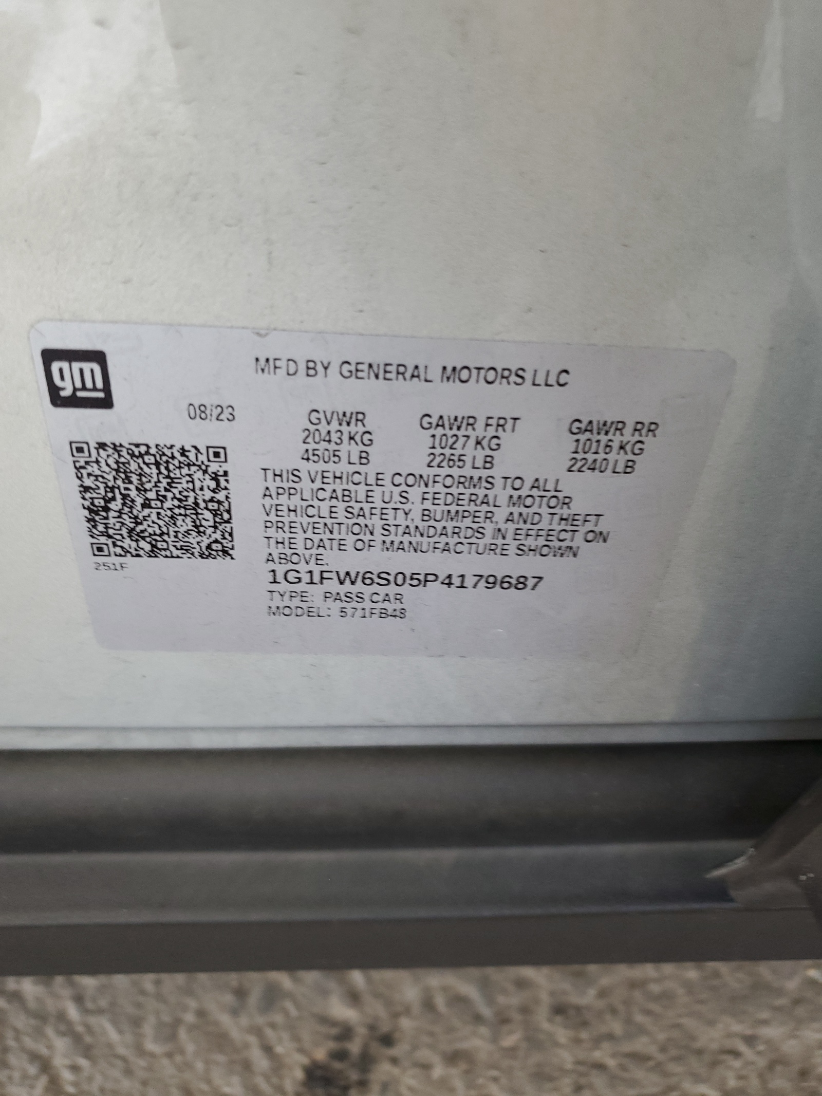 1G1FW6S05P4179687 2023 Chevrolet Bolt Ev 1Lt