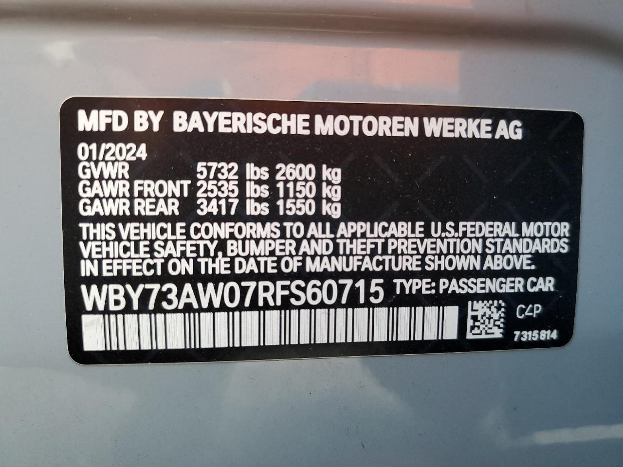 2024 BMW I4 Edrive 40 VIN: WBY73AW07RFS60715 Lot: 68767654