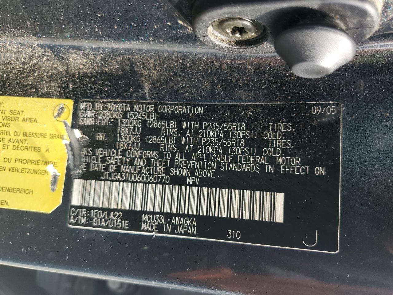 2006 Lexus Rx 330 VIN: JTJGA31U060060770 Lot: 66345914