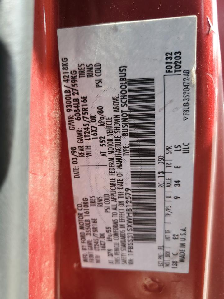 1998 Ford Econoline E350 Super Duty VIN: 1FBSS31SXWHB12579 Lot: 67343474