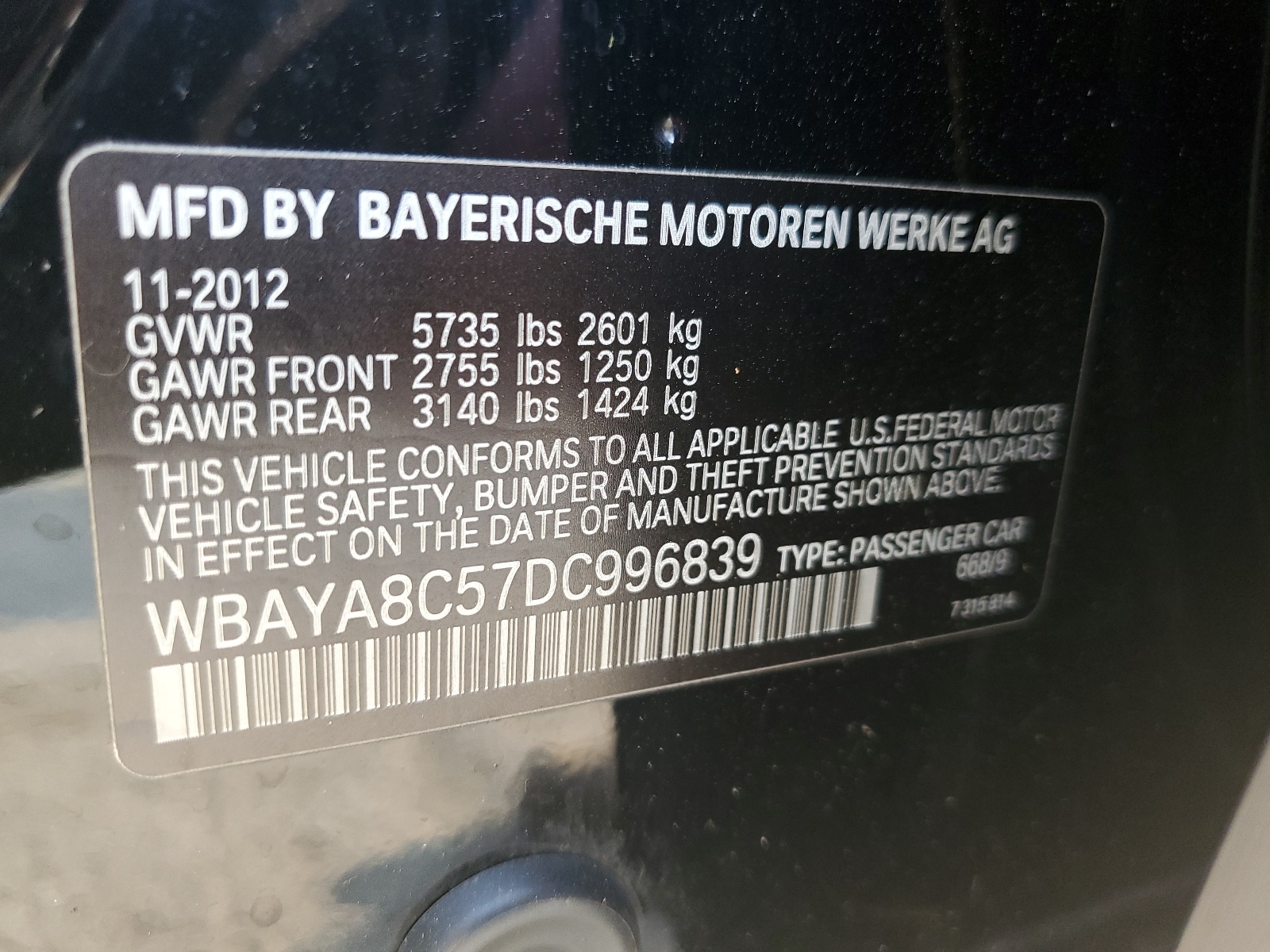 WBAYA8C57DC996839 2013 BMW 750 I