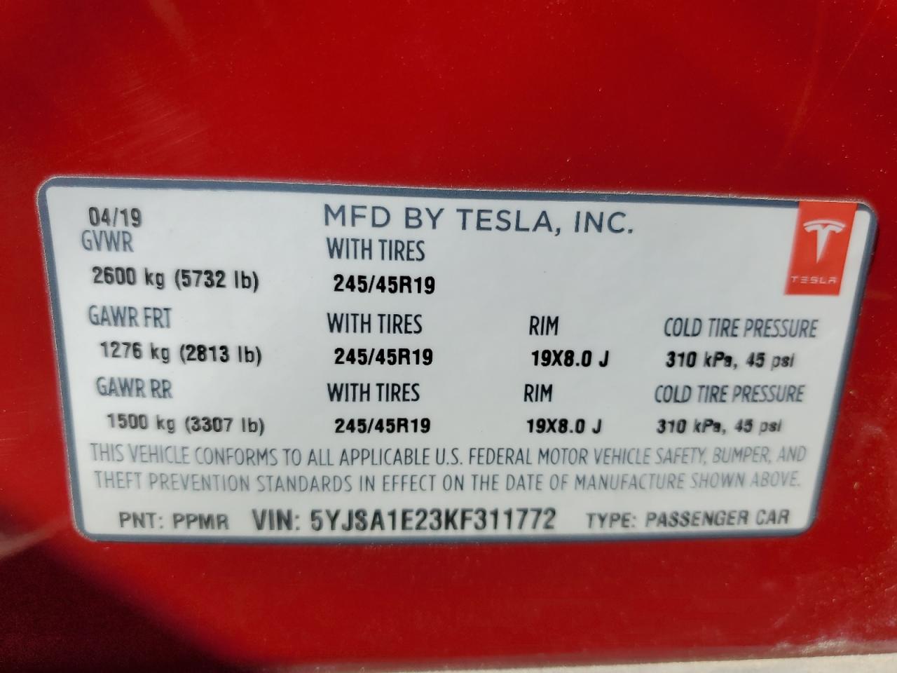 5YJSA1E23KF311772 2019 Tesla Model S