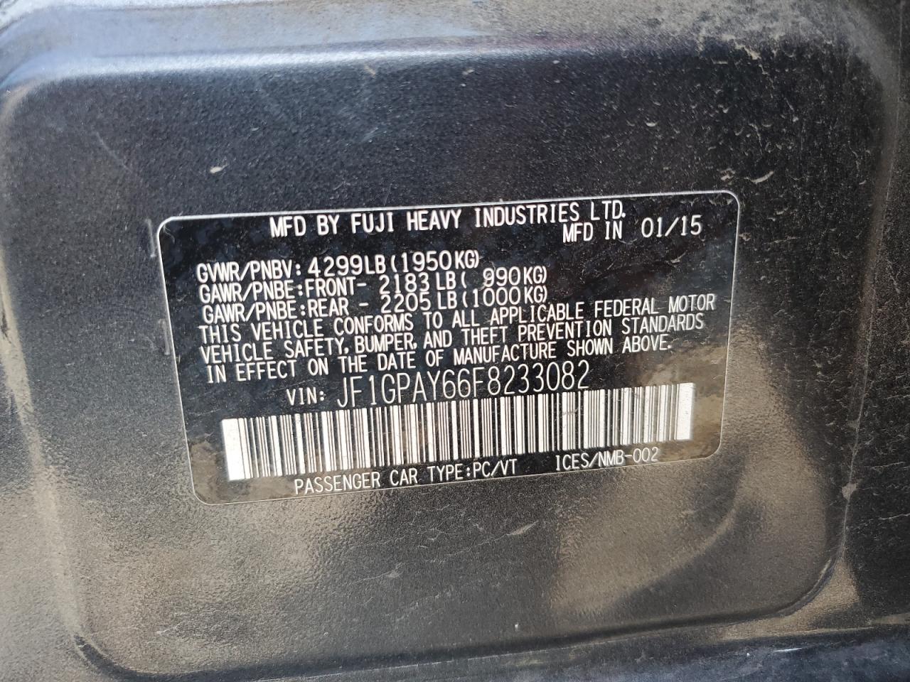 2015 Subaru Impreza Sport VIN: JF1GPAY66F8233082 Lot: 66057614