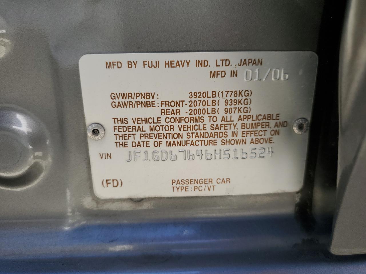 2006 Subaru Impreza 2.5I VIN: JF1GD67646H516524 Lot: 67189004