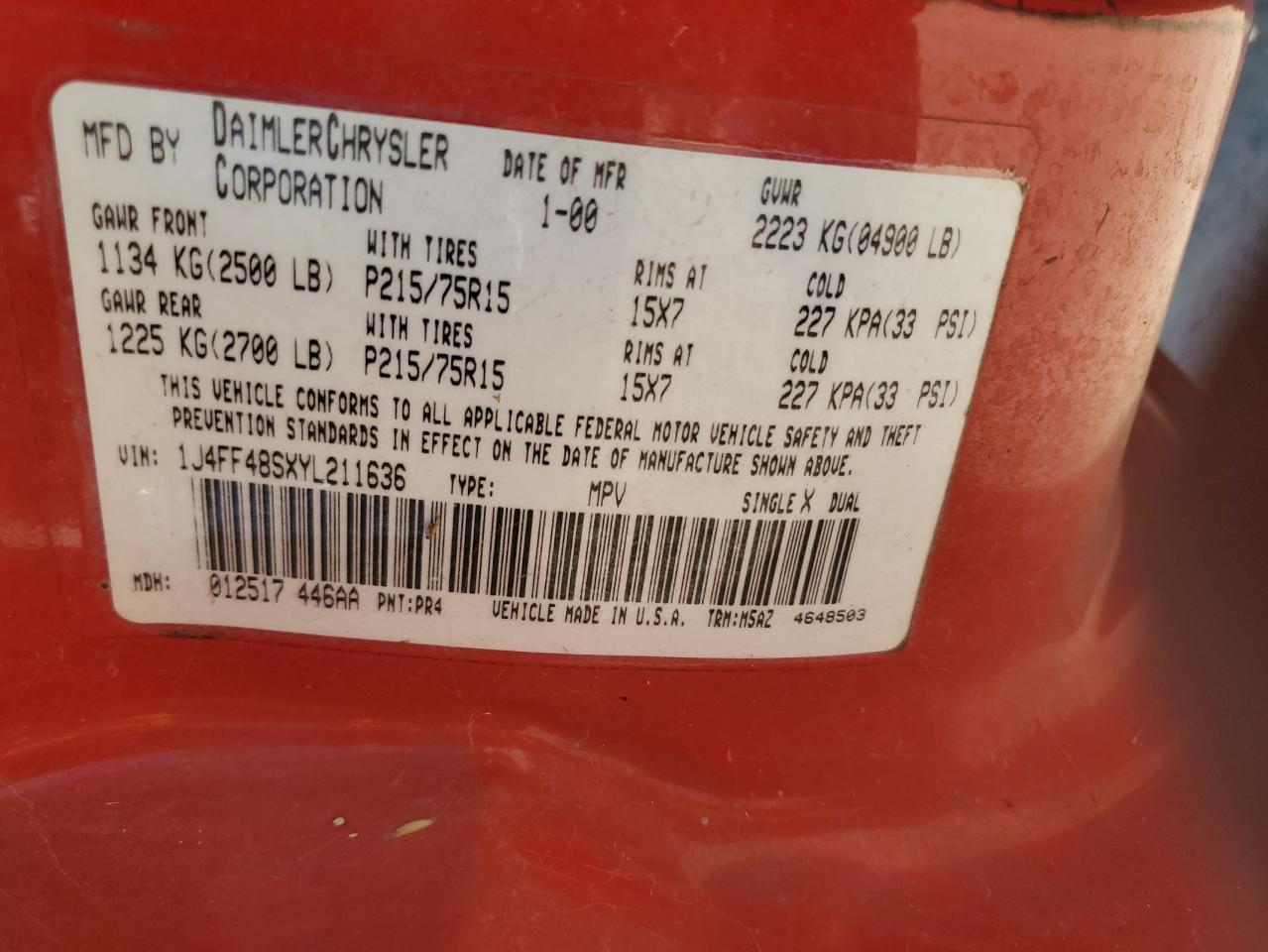 2000 Jeep Cherokee Sport VIN: 1J4FF48SXYL211636 Lot: 67034084