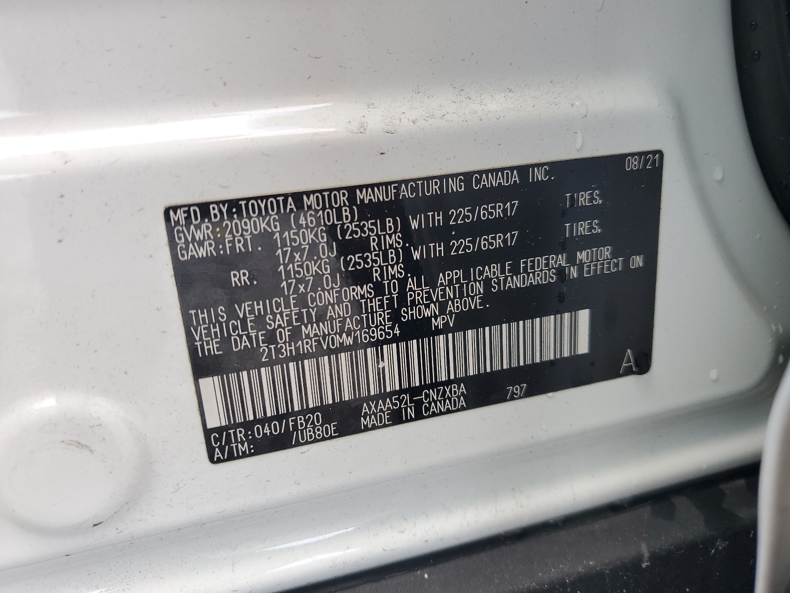2T3H1RFV0MW169654 2021 Toyota Rav4 Le