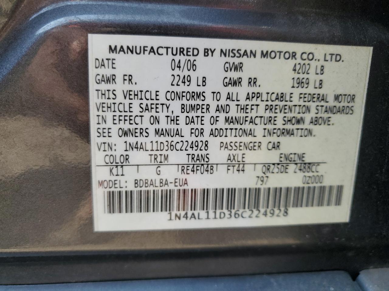 2006 Nissan Altima S VIN: 1N4AL11D36C224928 Lot: 67766234