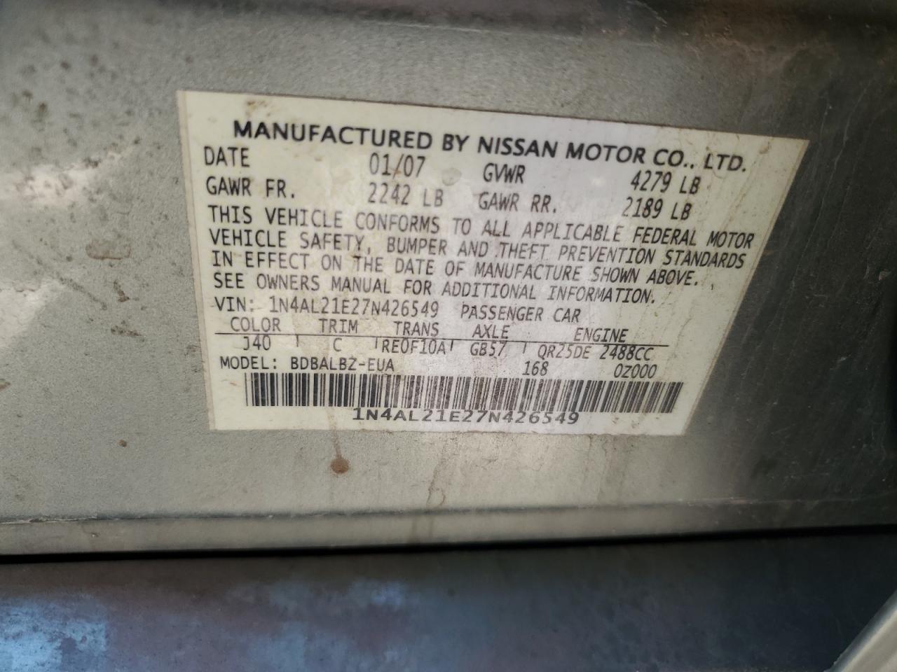 1N4AL21E27N426549 2007 Nissan Altima 2.5