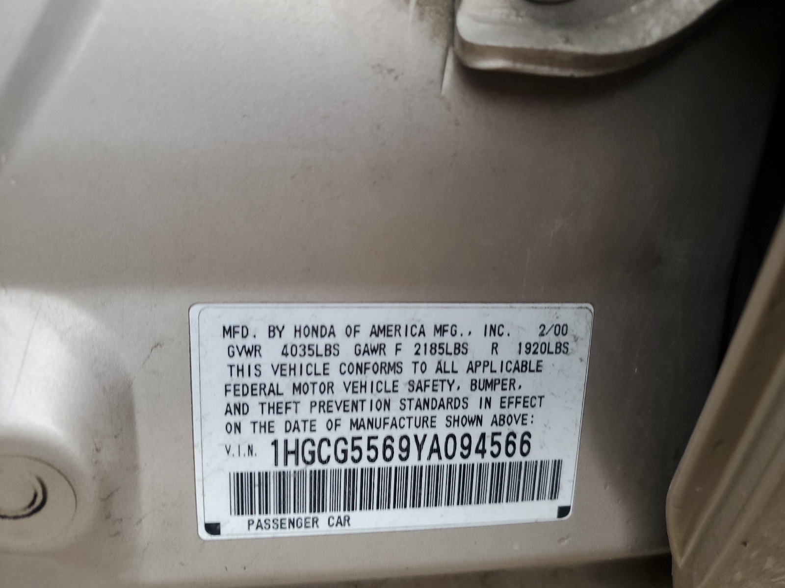 1HGCG5569YA094566 2000 Honda Accord Ex