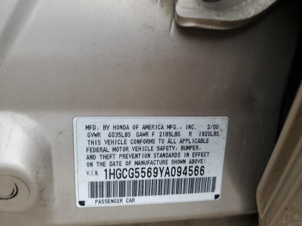 2000 Honda Accord Ex VIN: 1HGCG5569YA094566 Lot: 68182444