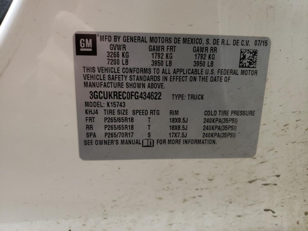 2015 Chevrolet Silverado K1500 Lt VIN: 3GCUKREC0FG434622 Lot: 65870394