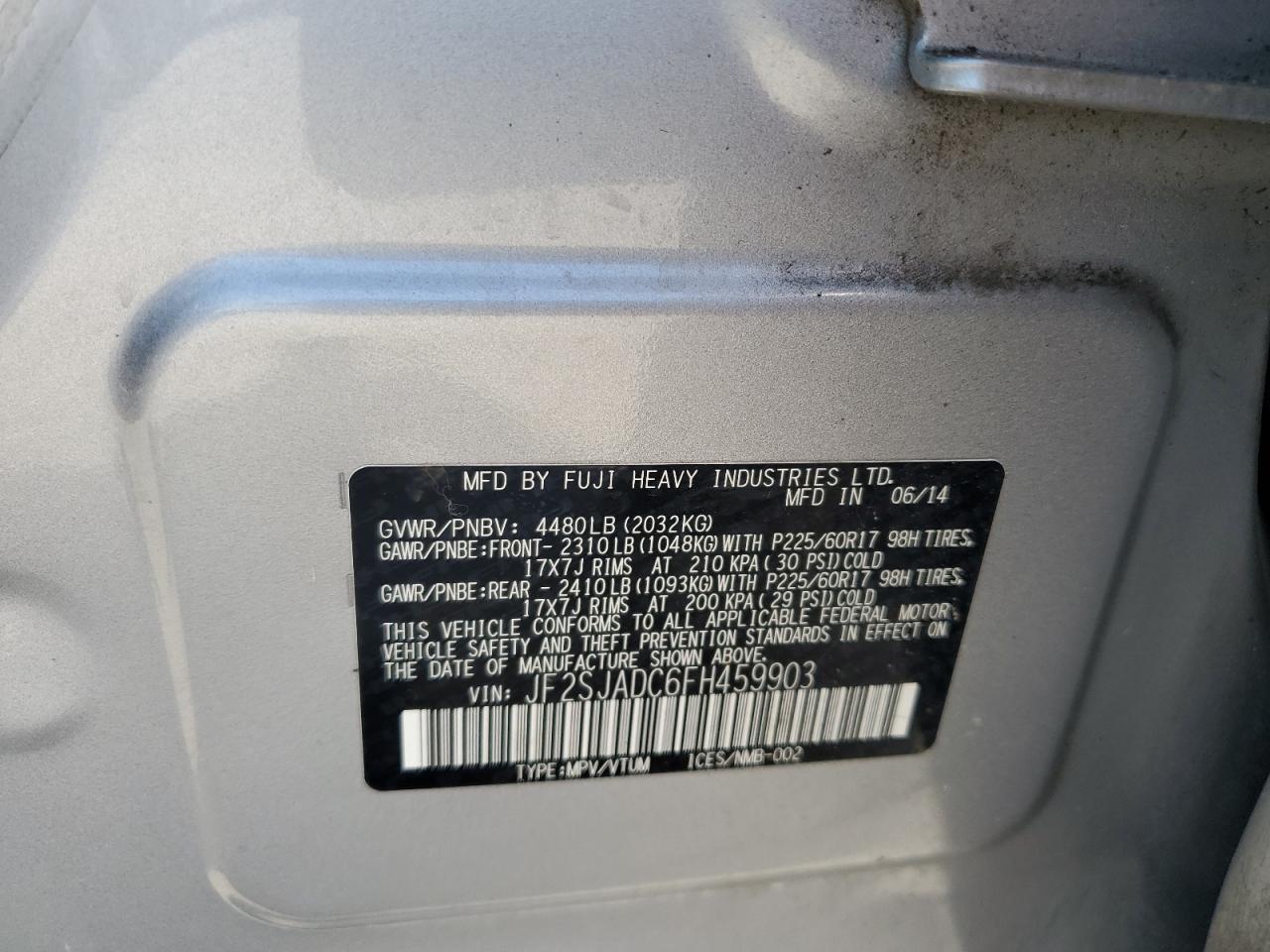 2015 Subaru Forester 2.5I Premium VIN: JF2SJADC6FH459903 Lot: 67113724