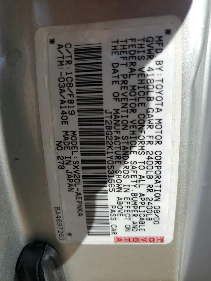 2000 Toyota Camry Ce VIN: JT2BG22K1Y0531565 Lot: 66896634