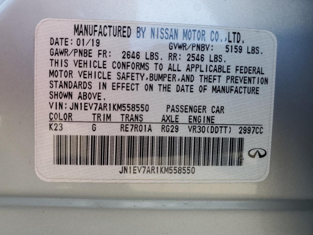 2019 Infiniti Q50 Luxe VIN: JN1EV7AR1KM558550 Lot: 67375934